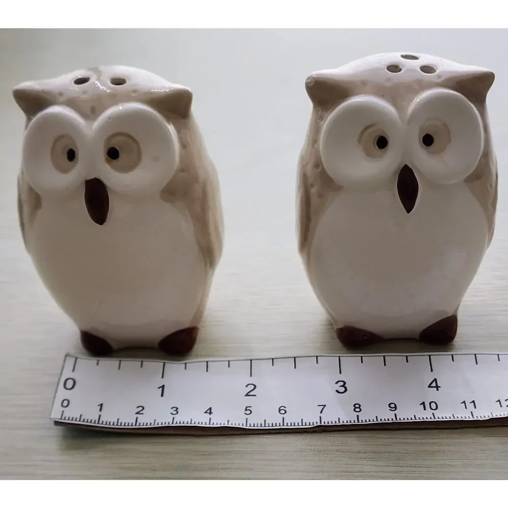 Pier 1 Owl Salt & Pepper Shaker Set Ceramic Beige Brown White Kitchen Decor